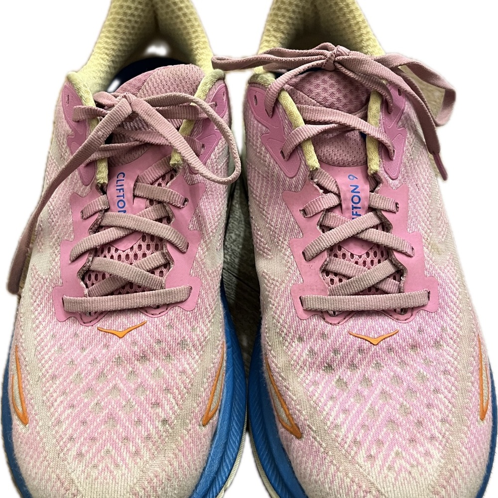 Hoka One One Pink and Blue Athletic Shoes